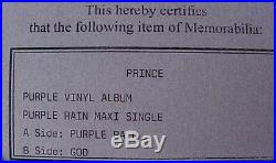 Prince's Purple Vinyl Album Single Purple Rain Autographed Coa
